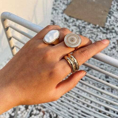 Youvanic Boho Vintage Pearl Ring Big Round Crystal Flower Gold Rings Set For Women Fashion Wedding Engagement Jewelry Gifts 0338