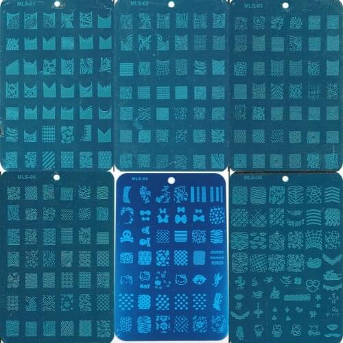 1PC MLS01-06 14.5*9.5cm Rectangle Shape Blue Film Nail Art Stamping Image Plate Stainless French Style Bows Skull