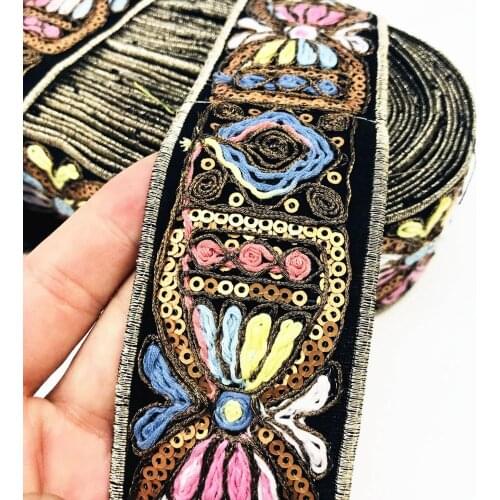 3Meters 4.6cm Ethnic Gold Thread Sequins Webbing Ribbons Clothing Decorative Embroidered Lace Trims DIY Embroidered Fabric