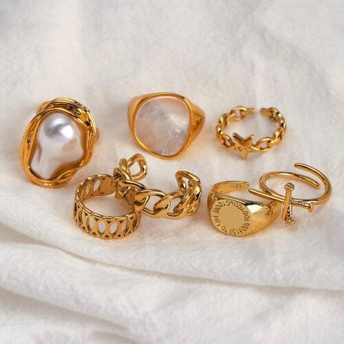 AENSOA Hiphop Multiple Gold Color Chain Rings for Women Girls Punk Geometric Simple Pearl Metal Finger Rings 2021 Trend Jewelry