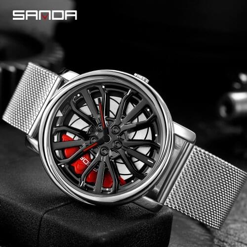Hot Sell Men Quartz Watch Car Racing Wheel Rotating Dial Watches Waterproof Sport Stainless Mesh Strap Watches Relogio Masculino