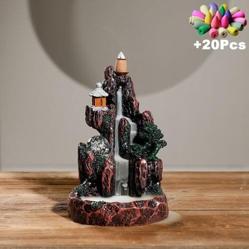 Best Sellers) +20Pcs Incense Cones LED Glowing Ball Waterfall Backflow Incense Burner Censer Rockery Landscape Home Decorations