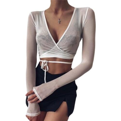 2020 Fashion Trend Womens Mesh Sheer Cardigan Summer Sexy Wild Long Sleeve Breathable Lace Up Crop Top See Through T-shirt Tees
