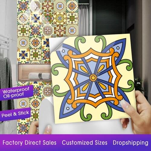 Colorful Floral Ornament Hard Ceramics Wall Sticker Kitchen Wardrobe Home Renovation Wall Decals Shine Surface Tiles Art Mural