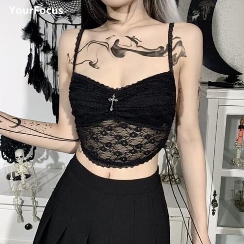 Summer Y2k Harajuku Black Haut Femme Retro Crop Top Gothic Punk Rok Corset Cross Lace Hollow Out Cropped Goth Clothes