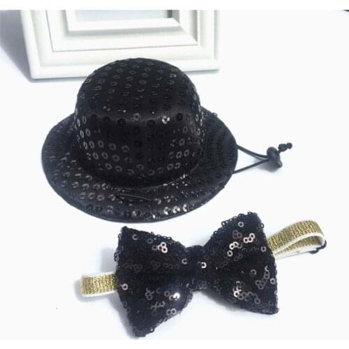 Small Dog Black Sequined Cylinder Top Hat with Bow Tie Set Costume Pet Festive Travel Beauty Decor Collar Accessories for Small