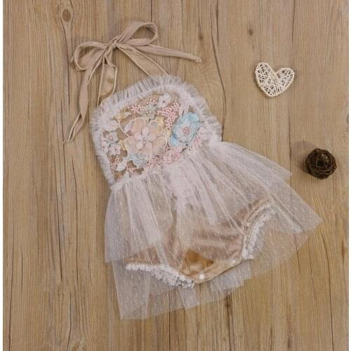 Infant Baby Girls Fashion Summer Halterneck Romper Baby Girl Tie-up Flower Pattern Mesh Lace Trim Bodysuits Playsuit with Beads