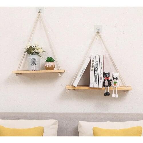 Moredn Simple Wooden Rope Swing Wall Hanging Plant Flower Pot Tray Mounted Floating Wall Shelves Nordic Home Decoration