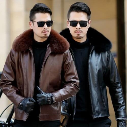 Middle-aged Mens Casual Thickening Fur One Leather Jacket Fox Fur Collar Sheepskin Winter New Style Plus Size Clothing