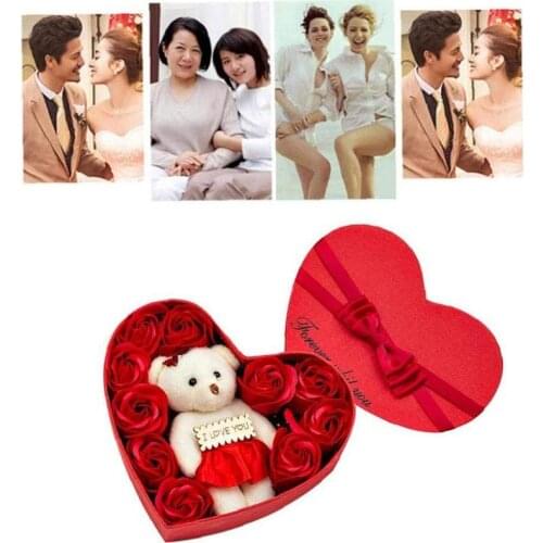 10Pcs Soap Flowers With Bears Gift Rose Box Scented Bath Body Petal Rose Flower Bouquet Festival Valentines Day Gift Christmas