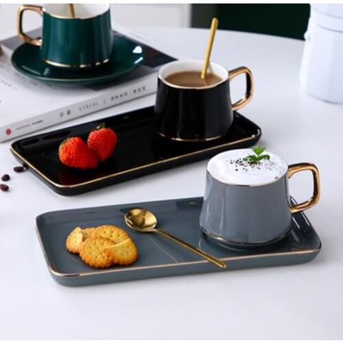 Nordic Coffee Cups and Rectangle Saucer Set Exquisite Gold Rim Black Tea cup Breakfast Milk Cup Afternoon Tea Snack Plates 220ml