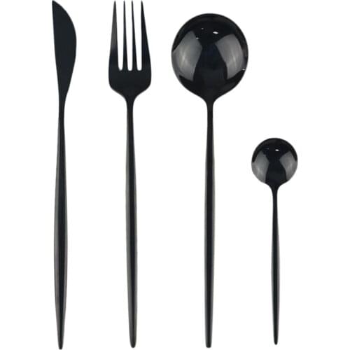 4-Piece Korean Black Cutlery Dinnerware Set Shiny Mirror 304 Stainless Steel Knife Fork Spoon Teaspoon Flatware Silverware Set
