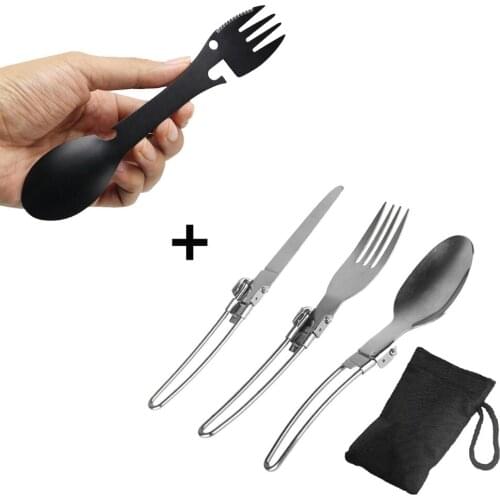 4 Pcs Picnic fold knife camp set combo long stainless steel cookware spoon Spork fork backpack cutlery tableware flatware