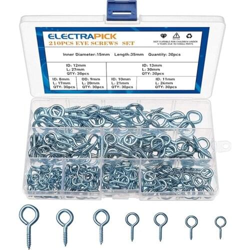 Electrapick 210pcs Screw Hook Set Eye Screw Wood Thread Carbon Steel Screw Eyelets 7 Sizes Home Decoration Photo Frame Screws