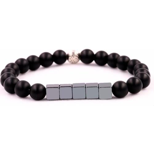 Natural Retro Black Matte Onyx Round Stone Beads Sqaure Iron Ore Bracelet for Cool Mens Christmas Gift Helmatite Jewelry