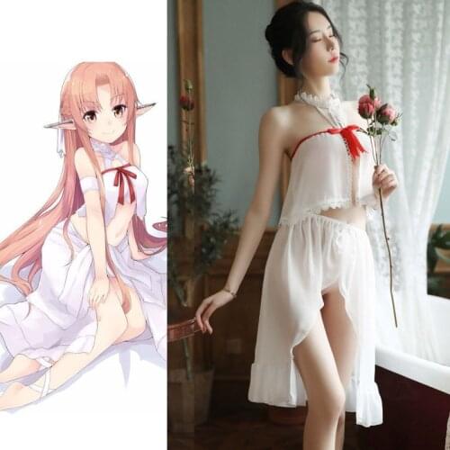 New Anime Sword Art Online SAO Asuna Yuuki Cosplay Costume Lolita Girls Sleepwear Set Sexy Chiffon Nightgown