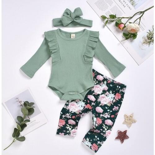 2020 Autumn Children Clothes Long Sleeve Set Girl Baby Clothing Set Headband Solid Cotton Home Clothes Bodysuits 3pcs Baby Girls