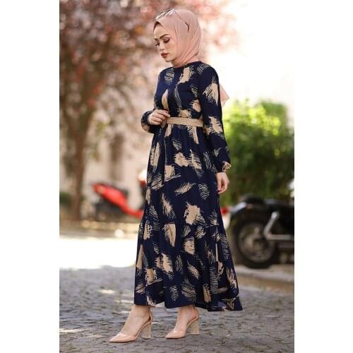 InStyle Brush Pattern Arched Dress-Navy Blue, hijab clothing, dress, muslim fashion, 100 cotton, casual, discount