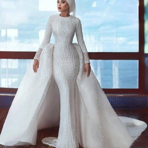 Saudi Arabia Hijab Wedding Dresses with Detachable Train Bridal Gowns Lace Beading Sequins Mermaid Long Sleeve Muslim Vestido