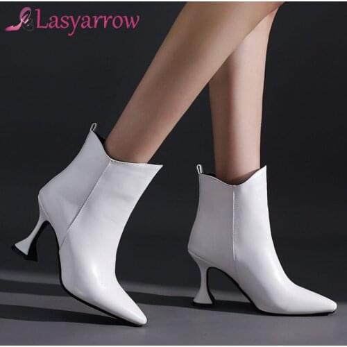 Lasyarrow Women Thin High Heel Ankle Boots Fashion Boots Comfort Pointed Toe Fall Winter Women Boots Black White Size 34-43
