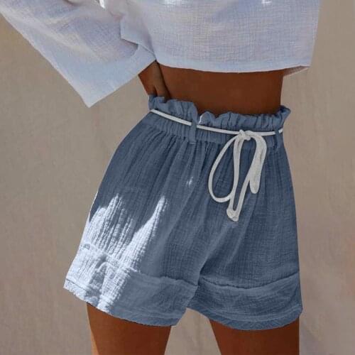 Women Solid Cotton Linen Shorts Plus Size Comfortable Pleated Drawstring Belt Casual Elastic Waist Pocket Loose Shorts Pants