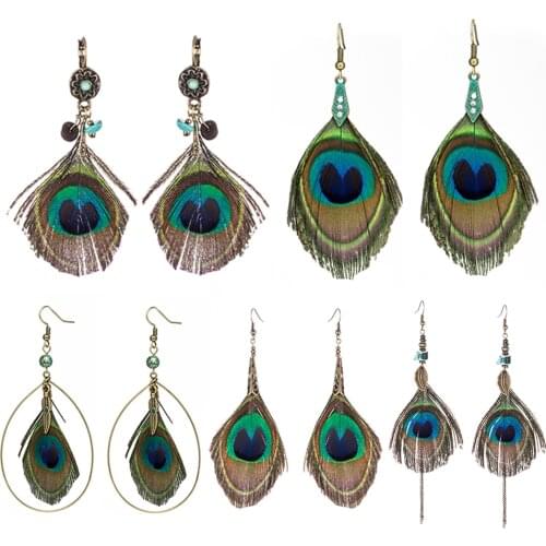 2019 Womens Feather earring Ethnic Round Wooden Beads Peacock Feather Long tassel earrings for women Vintage Bohemian jewelry