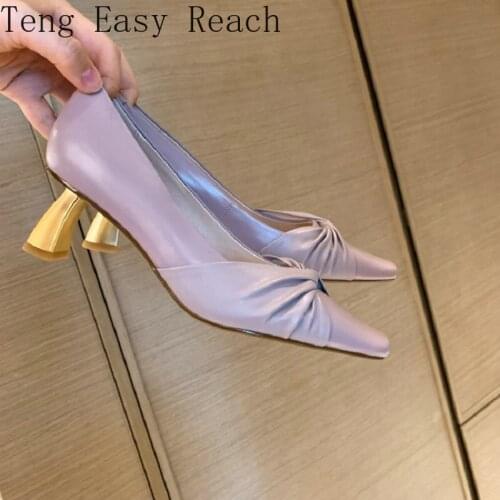 Genuine Leather Pointed Toe Gold Strange High Heels Pleated Knot Purple Office Career Ladies Pumps Stilettos Zapatos De Mujer 41