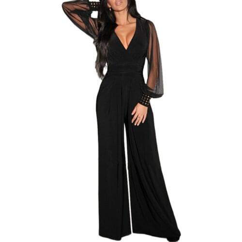 Women Sexy V-neck Black Jumpsuit See-through Mesh Patchwork Rompers Elegant Ladies Office Overalls Clothes Wide Leg Pants D30
