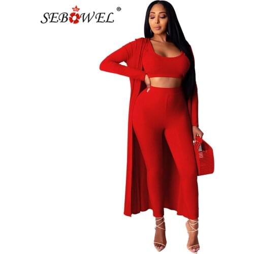 SEBOWEL Autumn Casual Womens 3 Pieces Knitted Sets Female Long Sleeve Robe Coat + Cropped Bra Top + Leggings Pants Suit Clothes