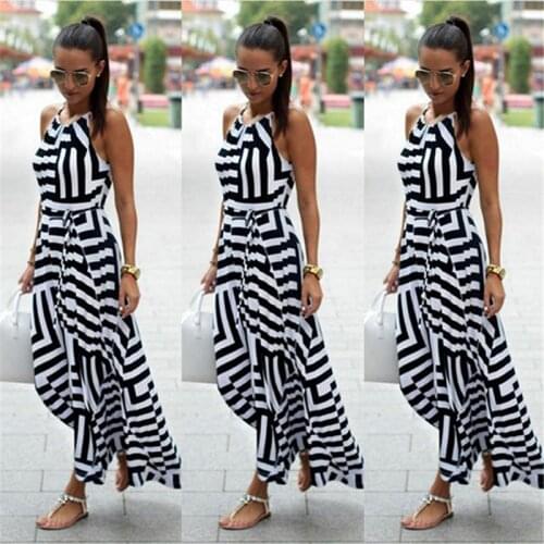 Women Sexy Summer Dress Boho Striped Sleeveless Maxi Long Dress Beach Style Strap Sundress Vestidos Female