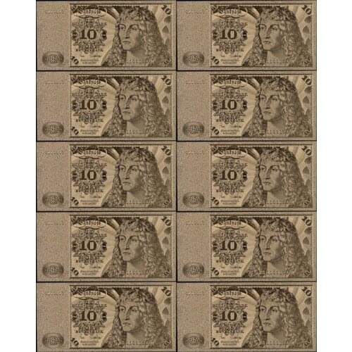 10pcs/lot Germany 10 Mark 24k Gold Banknote with 2-sides, German Notes Plated Normal Gold Foil Free Shipping