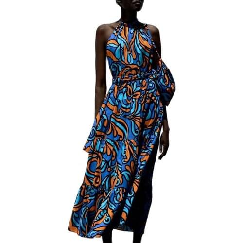 2021 summer womens lace-up printed mid-length dress high waist drape beach party sexy female oversized robe retro casual