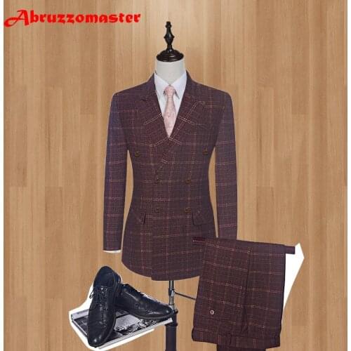 2020 Smart Casual Suits Double Breasted Groom Tuxedos Damier Check Groomsman Suit Custom Made Man Suit (Jacket+pants+vest)