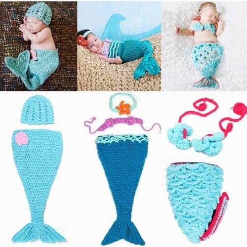 3 Styles Newborn Photography Props Set Baby Crochet Knitted Cap Blue Fish Skirt Set Photo Costume Infant Boy Girl Clothes