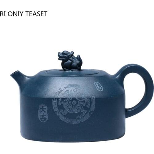 300ml Yixing Famous Purple Clay Teapots Square Shape Dragon Pattern Tea Pot Handmade Kettle Raw ore Azure Mud Tea Set Drinkware