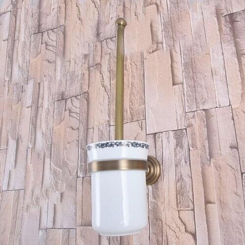 Antique Brass Wall Mounted Toilet Brush & Holder Set White Brush Ceramic Cup Bathroom Accessory aba734
