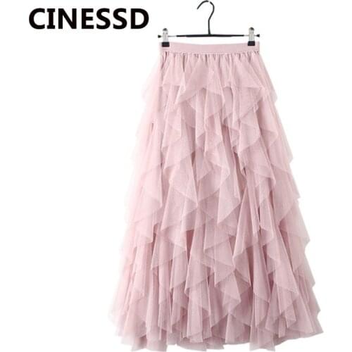CINESSD Mesh Patchwork Long Skirt Women High Waist A Line Swing Irregular Pink Office Lady Patchwork Autumn Casual Maxi Skirts