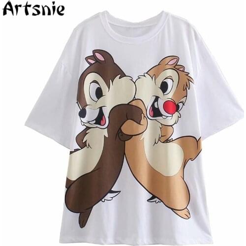Artsnie Summer 2021 Disney Cartoon Print Women T Shirt O Neck Short Sleeve Tops Female Streetwear Knitted White Ladies T-shirts