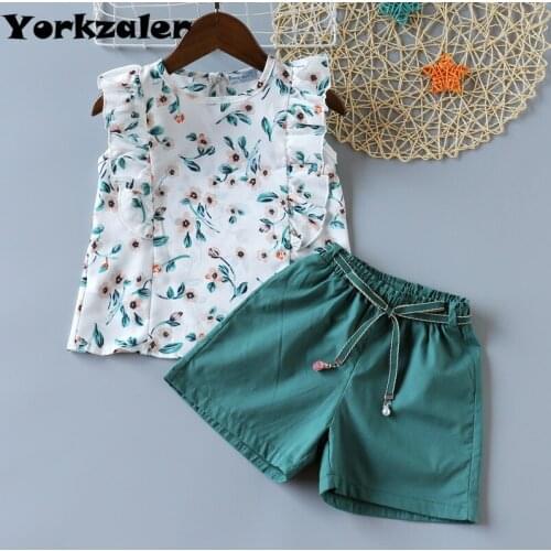 Toddler Girls Clothing Set Floral Chiffon Blouse Shirt & Green Shorts Free Belt Fashion Summer Clothes for Kids Children Outfit