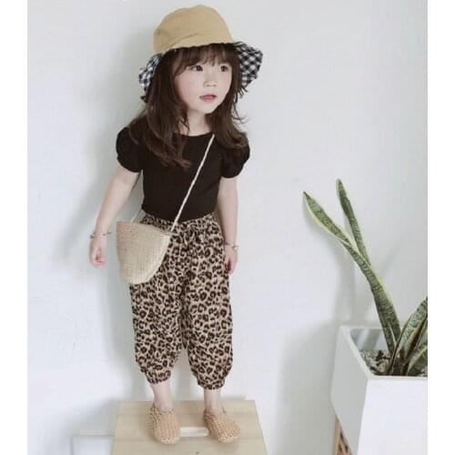 Girls' Suit Halter Short-Sleeved T-Shirt + Leopard-Print Cropped Pants 2021 Summer New ChildrenS Clothing