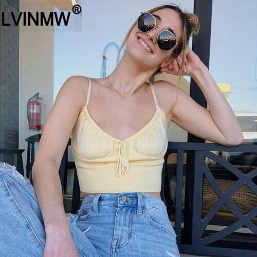 LVINMW Sexy V Neck Ruched Lace Up Bow Backless Crop Top Spaghetti straps Sleeveless Skinny Camisole Top Girl Streetwear Tops