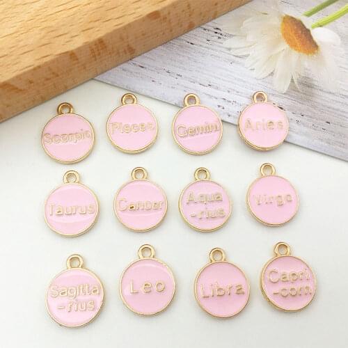 12pcs/lot Fashion Double Sided 12mm Pink Enamel Alloy 12 Constellation Enamel Charms for DIY Necklace Bracelet Earring Making