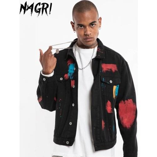 NAGRI Denim Jacket Men Kanye Splash Ink Cowboy Jeans Turn-down Collar Long Sleeve Coat Bombers