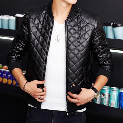 Mens Autumn and Winter New Casual Fashion Quilted Embroidered Plaid Baseball Collar Washed Pu Leather Jacket