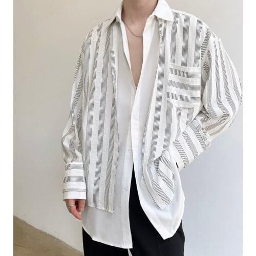 2021 Autumn Korean style Personality Fake two stripes shirts men casual loose Splicing shirts for men,size M-XL