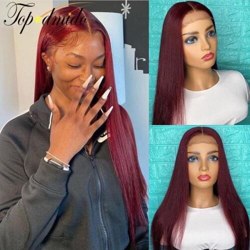Topodmido 99j Color Remy Hair Lace Front Wigs Pre Plucked 13x4 Straight Human Hair Wig 4x4 Brazilian Hair Glueless Closure Wigs
