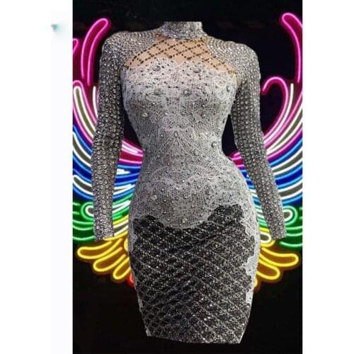 Celebration Party Dress Shiny Rhinestone Pearl Long Sleeve Dresses Black Gray Sexy Girls Day show wear