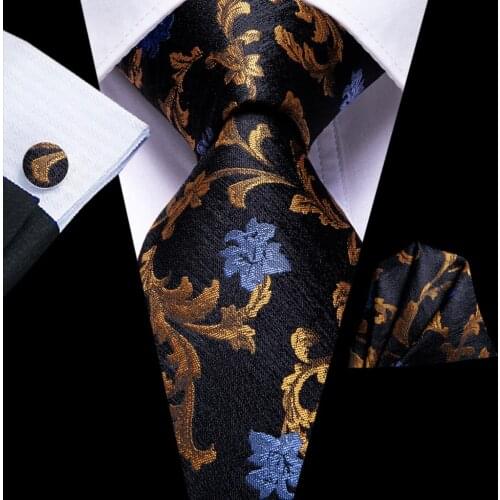 Hi-Tie Black Gold Floral Silk Wedding Tie For Men Handky Cufflink Fashion Design Gift Tie For Men Necktie Business PartyDropship