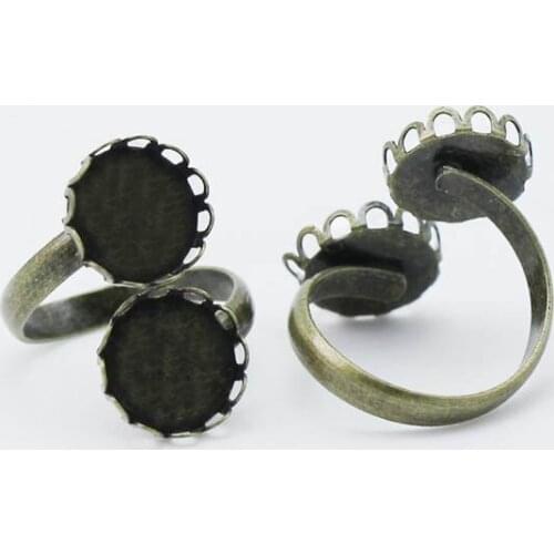Blank Open Rings Settings with 10mm 12mm Double Round Lace Bezel Glass Cameo Cabochon Bases Lover Rings DIY Findings Multi-color