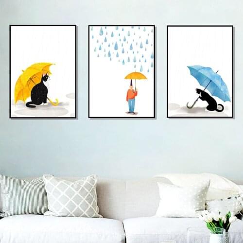 Nordic Simple Cartoon Decorative Painting Cute Cat Umbrella Poster Family Children Room Kindergarten Wall Art Canvas Pictures